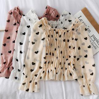 Heart-print Smocked Chiffon Top