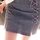 Lace-up Detail Denim Mini Pencil Skirt