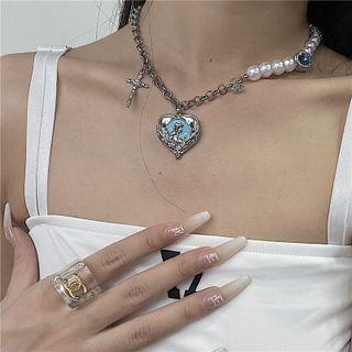 Heart Pendant Faux Pearl Chain Necklace As Shown In Figure - One Size