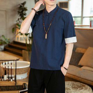 Mandarin Collar Frog-button Short-sleeve Top