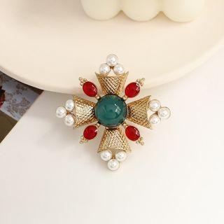 Cross Faux Gemstone Faux Pearl Brooch 1 Piece - Brooch - Gold & Red & Green - One Size