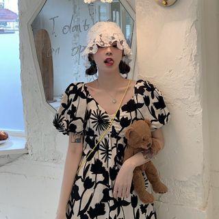 Puff-sleeve V-neck Floral Dress