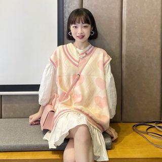 Balloon-sleeve A-line Dress / Heart Print Sweater Vest