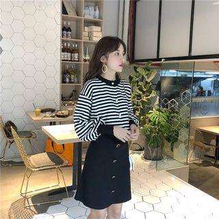 Set: Striped Pullover + Buttoned A-line Skirt