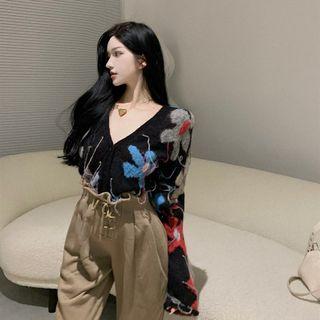 Flower Print Cardigan Cardigan - Blue & Black - One Size