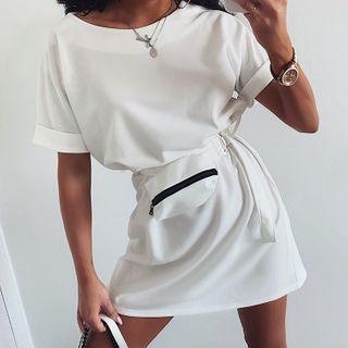 Set: Short-sleeve Mini A-line T-shirt Dress + Belt Bag