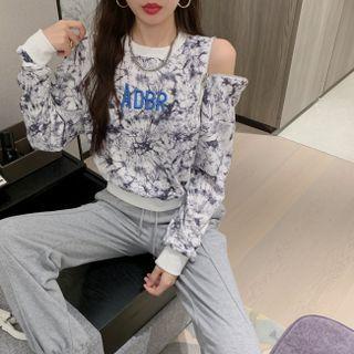 Letter Embroidered Floral Print Crewneck Sweater