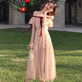 Off Shoulder A-line Midi Dress Pink - One Size