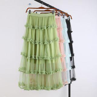 Frill Trim Mesh A-line Midi Skirt