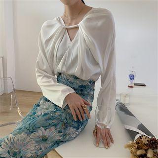 Asymmetric V-neck Long-sleeve Blouse