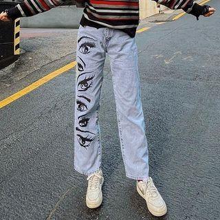 High-waist Eyes Printed Straight-fit Jeans