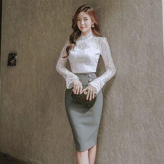 Set: Lace Long-sleeve Top + Midi Skirt