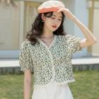 Puff-sleeve Floral Blouse Green - One Size