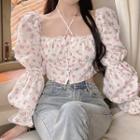 Long-sleeve Square-neck Floral Blouse White - One Size