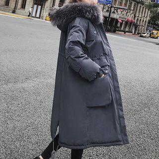 Furry-trim Hooded Zip Padded Long Coat