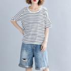 Striped Round-neck Semi Sleeve T Shirt Black & White - Stripe - L