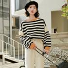Round-neck Color Panel Striped Sweater