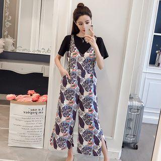 Set: Printed Cropped Pinafore Pants + Short-sleeve Top