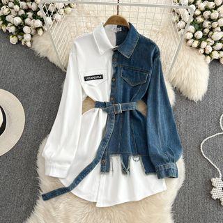 Long Sleeve Denim Panel Shirt Dress With Belt Blue - One Size