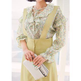 Lace-up Front Frilled Floral Top