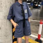 Set Elbow-sleeve Plaid Shirt + Shorts + Tie