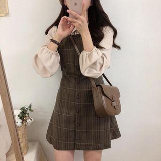 Pintuck Blouse / Plaid A-line Mini Pinafore Dress