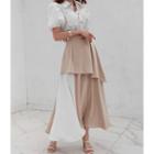 Set: Puff-sleeve Blouse + Color-block Layered Skirt With Belt