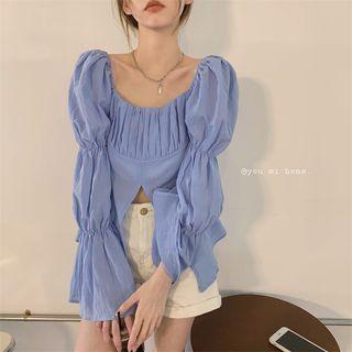 Long-sleeve Plain Slit Blouse Blue - One Size