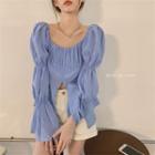 Long-sleeve Plain Slit Blouse Blue - One Size