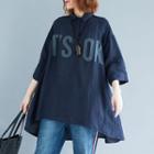 3/4-sleeve Lettering Top Navy Blue - One Size
