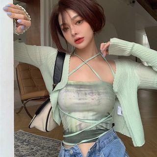 Tie-dye Strappy Tube Top / Long Sleeve Button-up Ribbed Crop Cardigan