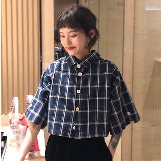 Short-sleeve Open-back Plaid Top Bluish Green - One Size