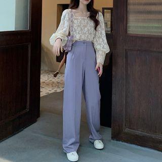 Set: Balloon-sleeve Lace Blouse + Wide Leg Pants