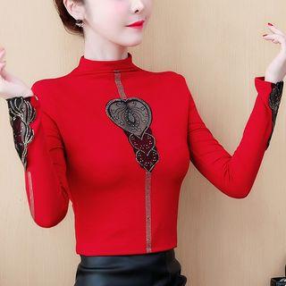 Mock Neck Long-sleeve Mesh Panel Top