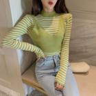 Long-sleeve Striped Knit Top / Plain Camisole