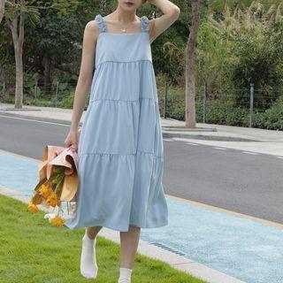 Spaghetti Strap Plain Tiered Midi Dress