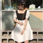 Color Block Puff-sleeve Square-neck A-line Dress As Shown In Figure - One Size