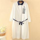 Pinstriped Embroidered Elbow-sleeve Collared Dress White - One Size