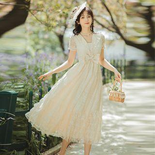 Short-sleeve Lace Bow A-line Midi Dress