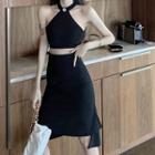 Set: Halter-neck Open-back Cropped Top + High-waist A-line Skirt
