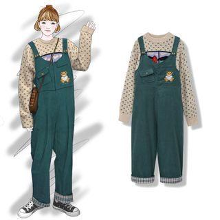 Dog Print Sweater / Bear Embroidered Cropped Jumper Pants