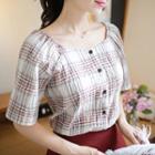 Square-neck Elbow-sleeve Checked Top