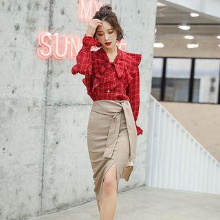 Set: Bell-sleeve Plaid Blouse + Midi Sheath Skirt