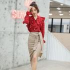 Set: Bell-sleeve Plaid Blouse + Midi Sheath Skirt