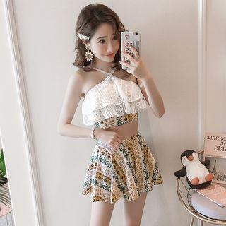Set: Lace Ruffle Print Bikini + Print Swim Skirt