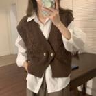 V-neck Argyle Button-up Knit Vest/ Plain Shirt
