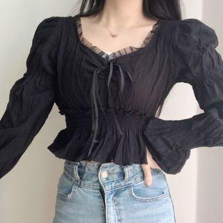 Flared-cuff Shirred Blouse Black - One Size