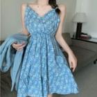 Spaghetti Strap Floral Print A-line Dress / Elbow-sleeve Single-breasted Blazer