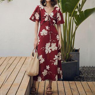 Flower Print Short-sleeve A-line Midi Dress