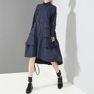 Ruffle Trim Midi Shirt Dress Blue - One Size